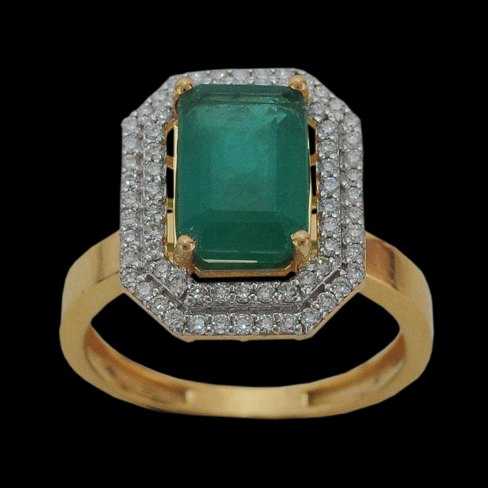 Diamond Cocktail Ring with Natural Carved Emerald