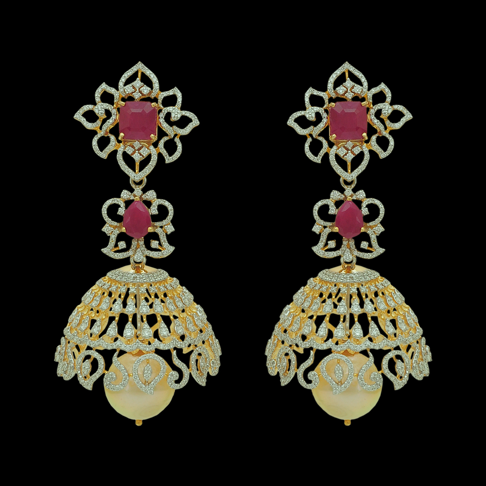 Diamond Earrings with Changeble Natural Emerald/Ruby and Pearl Drops