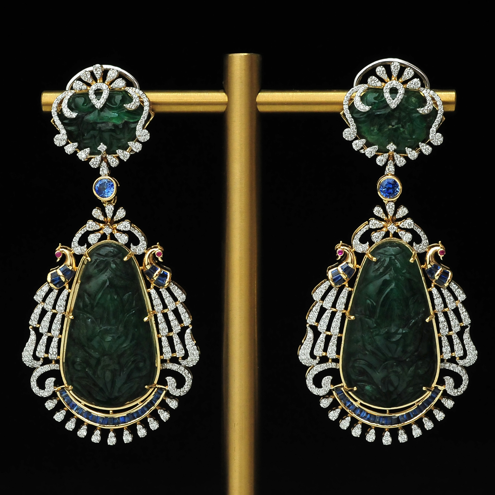 Diamond Earrings with Natural carved Emeralds, Rubies and Blue Sapphires
