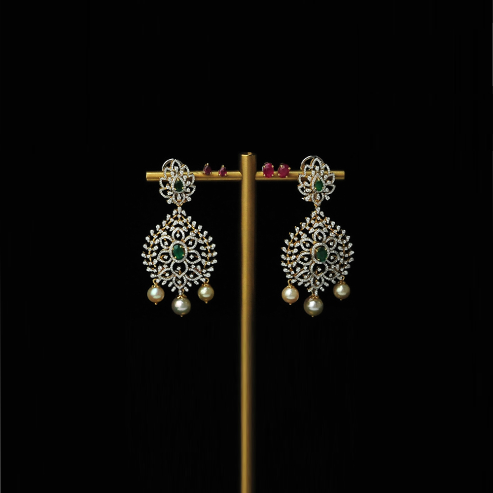 Diamond Earrings with changeable Natural Emeralds/Rubies and Pearl drops.