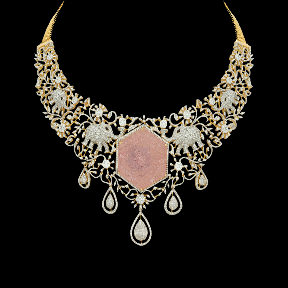 Changeable Natural Carved Morganite and Diamond Choker 