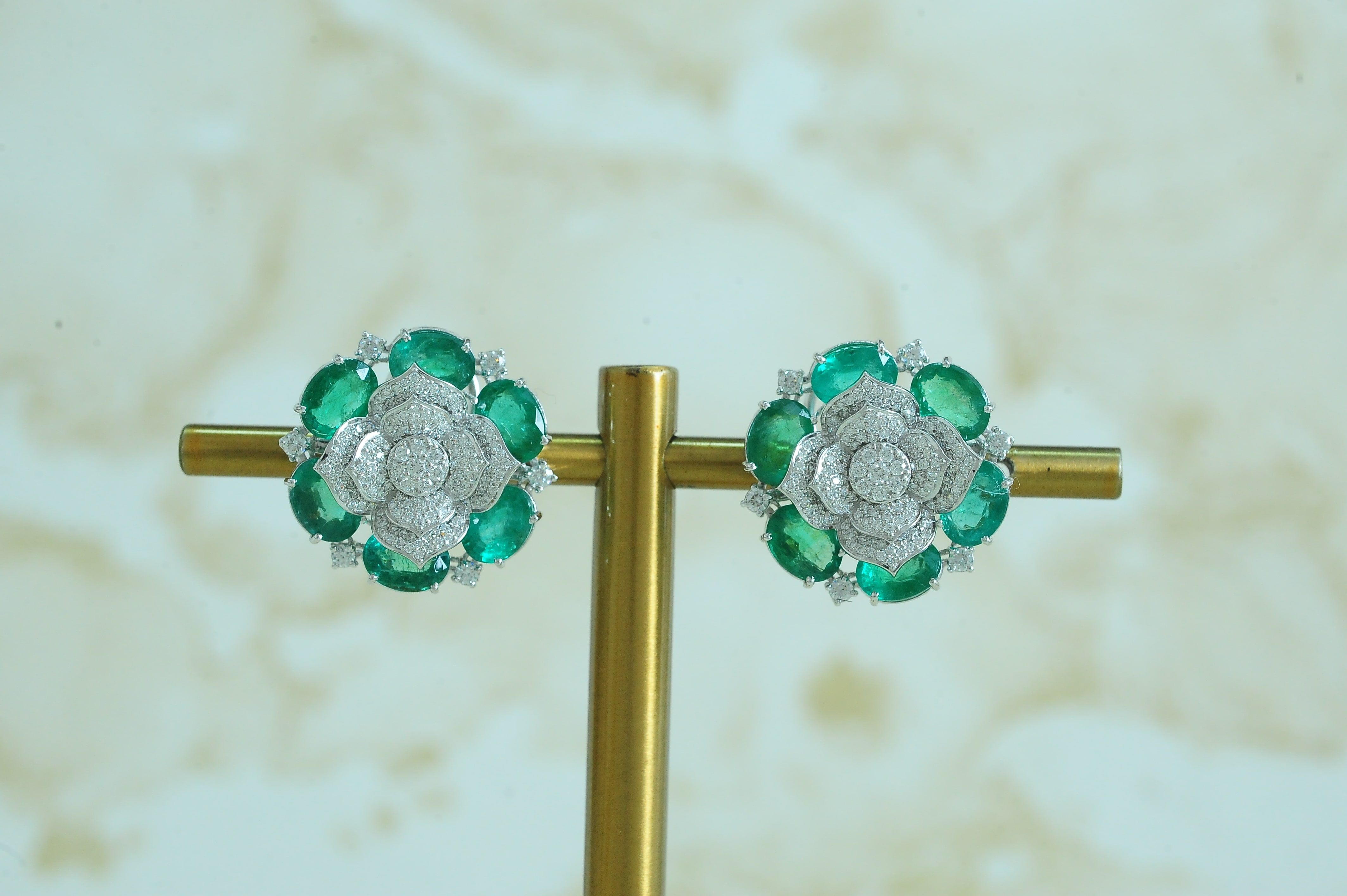 Floral Design Diamond Studs with Natural Emeralds