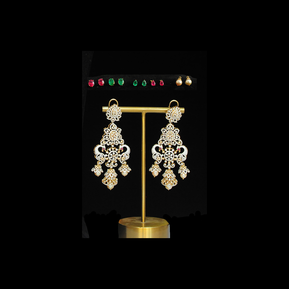 2 in 1 Diamond Earrings with changeable Natural Emeralds/Rubies and Pearl Drops.