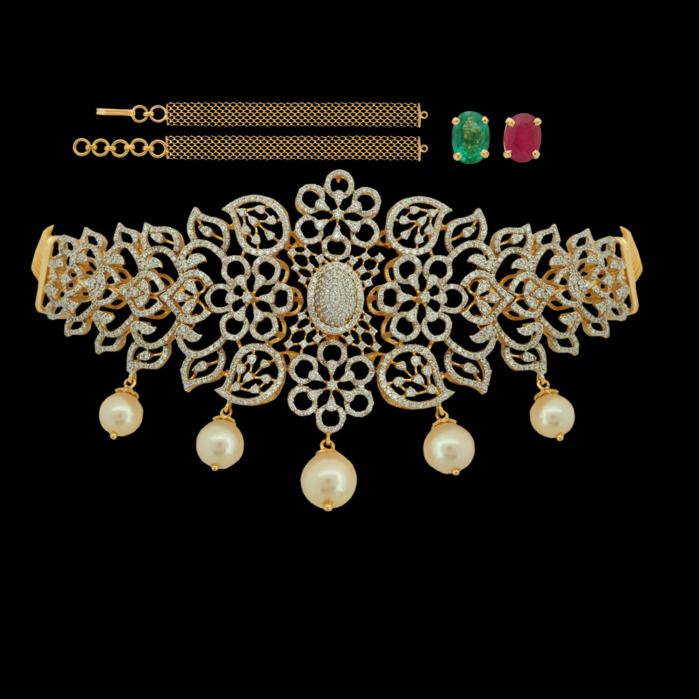 Changeable Natural Emerald/Ruby and Diamond Choker with Pearl Drops