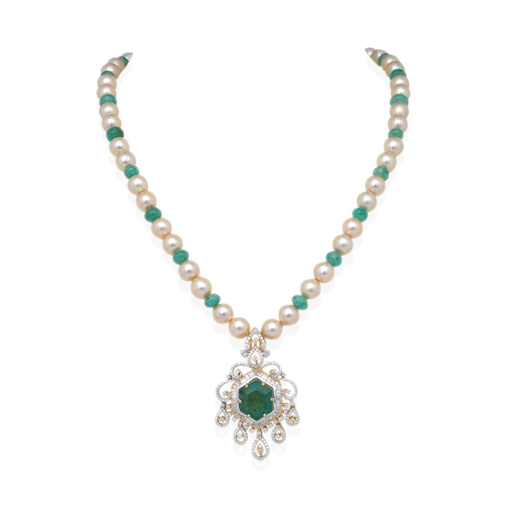 Diamond Necklace by Maaya with Pearls and Natural Emerald