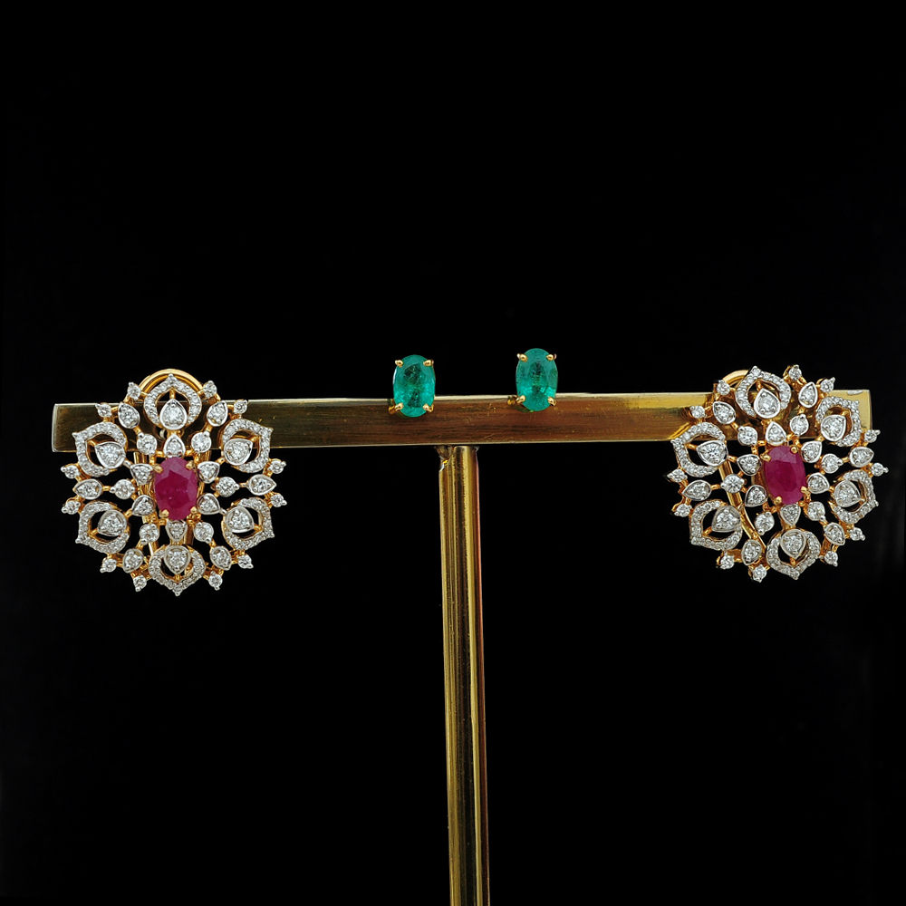 Diamond Earrings with changeable Natural Emeralds/Rubies