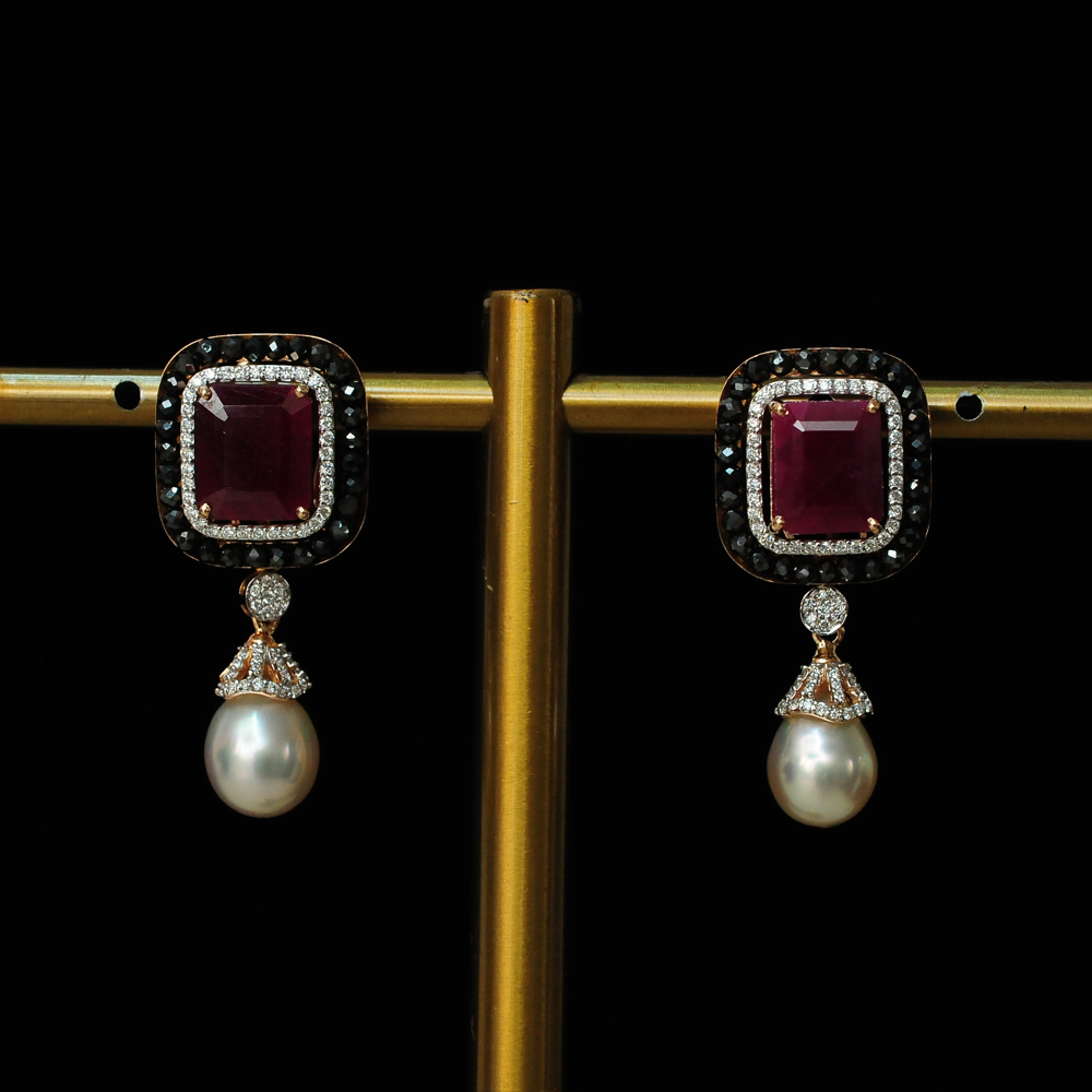 Diamond Earrings with Black Diamond/Natural Rubies and Pearl drops.