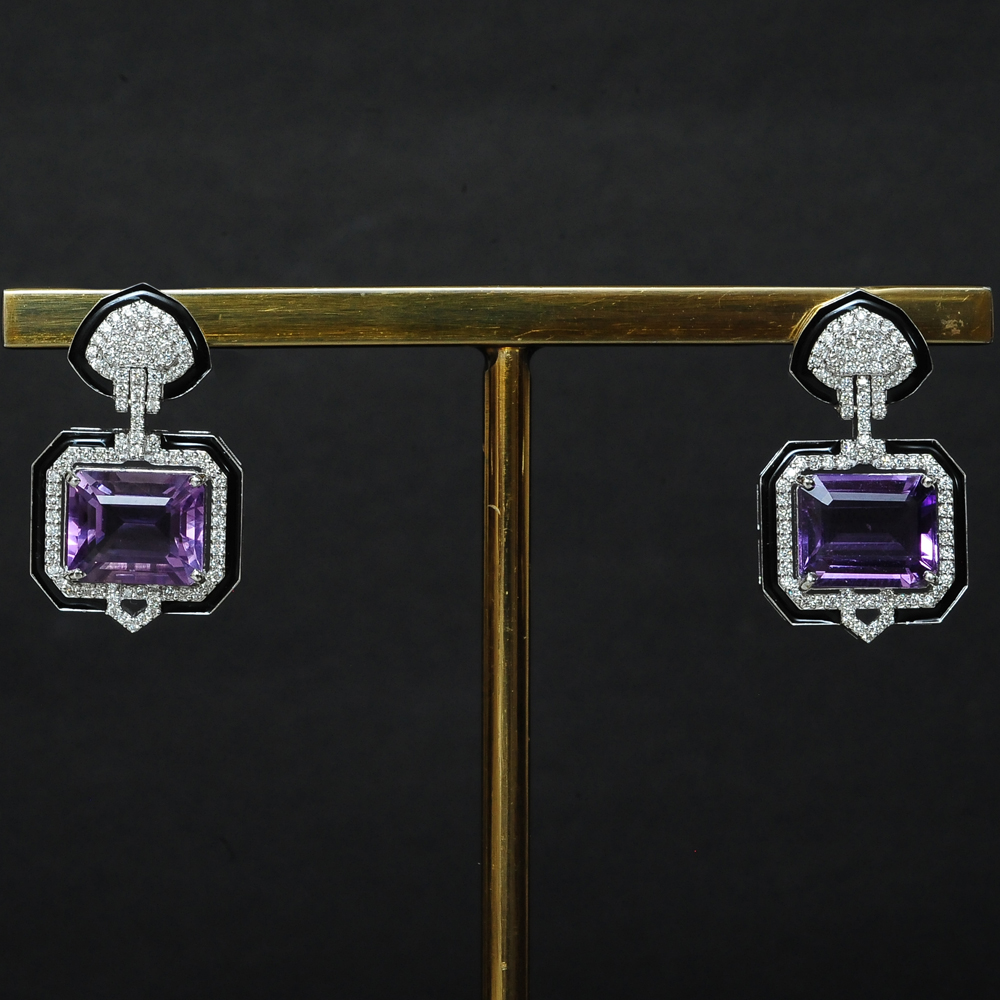 Cocktail Diamond Earrings with Natural Amethyst 