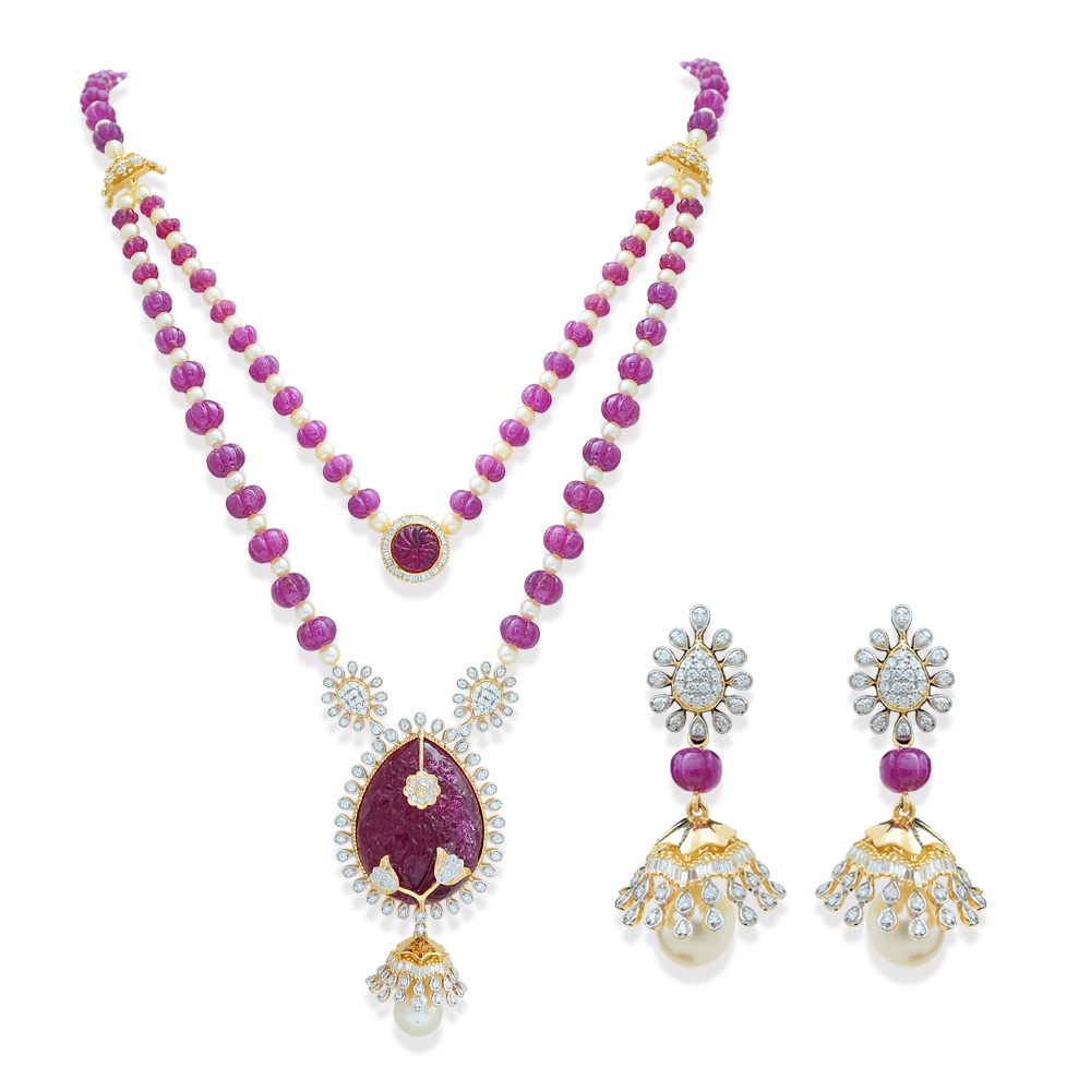Carved Ruby Tourmaline Necklace Earrings Set
