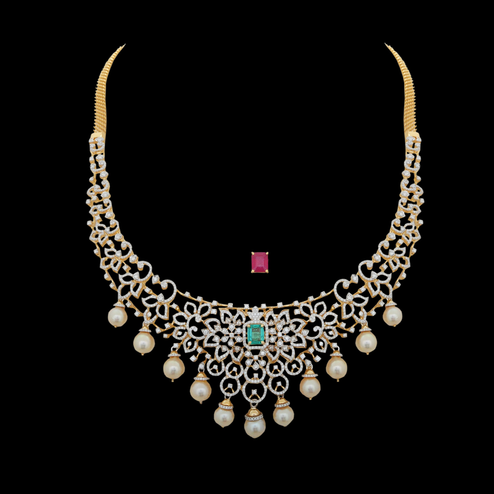 Diamond Necklace with Natural Emerald/Ruby and Pearl Drops