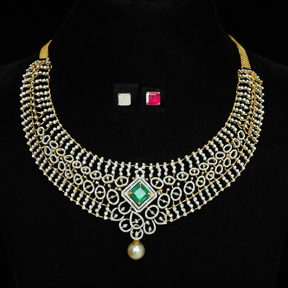 Diamond Necklace with changeable Natural Emeralds/Rubies and Pearl Drops.