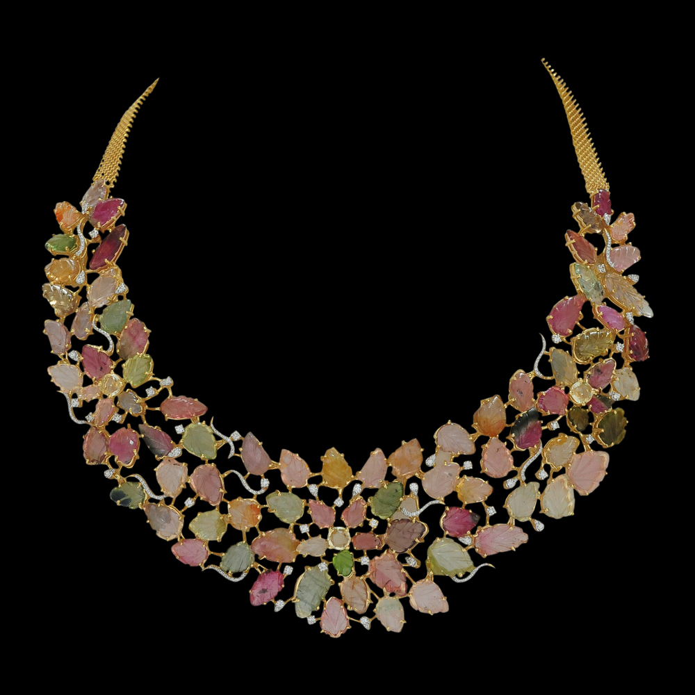 Diamond Necklace with Multi-color Natural Sapphires and Leaf-Design Tourmaline