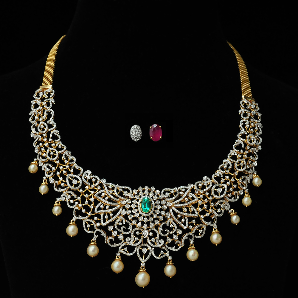 Diamond Necklace with changeable Natural Emeralds/Rubies and Pearl drops