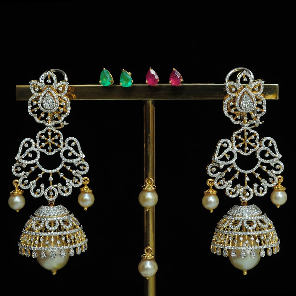 3 In 1 Diamond Earrings with changeable Natural Emeralds/Rubies and Pearl Drops.
