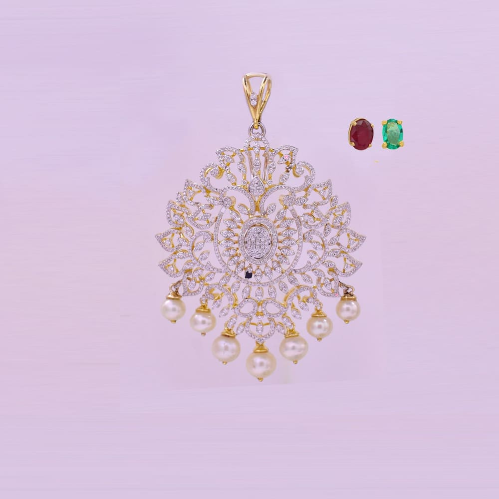 Diamond Pendant with Natural Emeralds/Rubies and Pearl Drops.