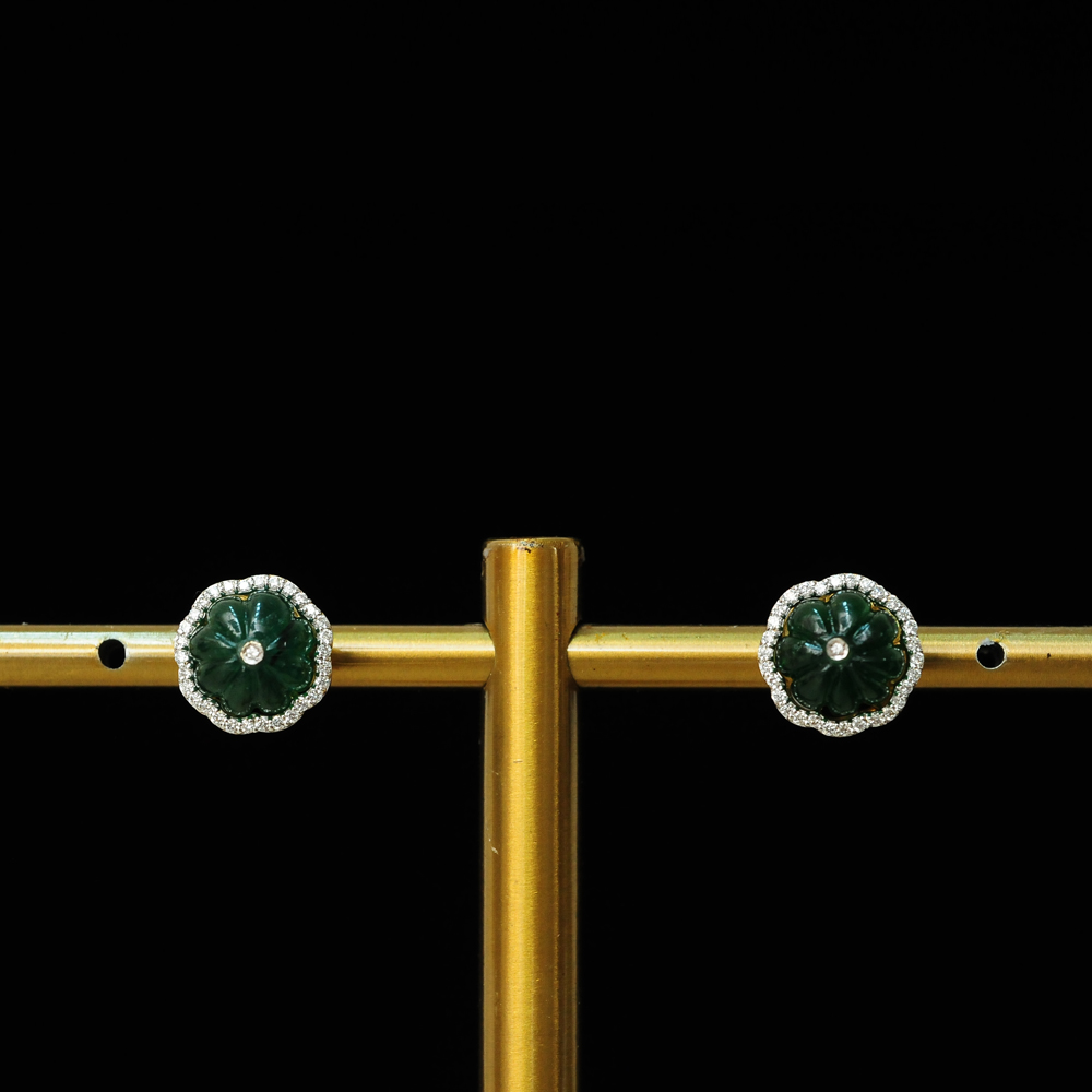 Floral Shaped Diamond Studs with Natural Emeralds.