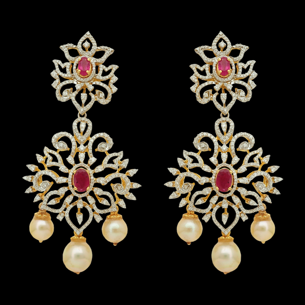 Chandbali/Buttalu and Butta Earrings made of Emeralds, Rubies, Gold, and Diamond and Pearls