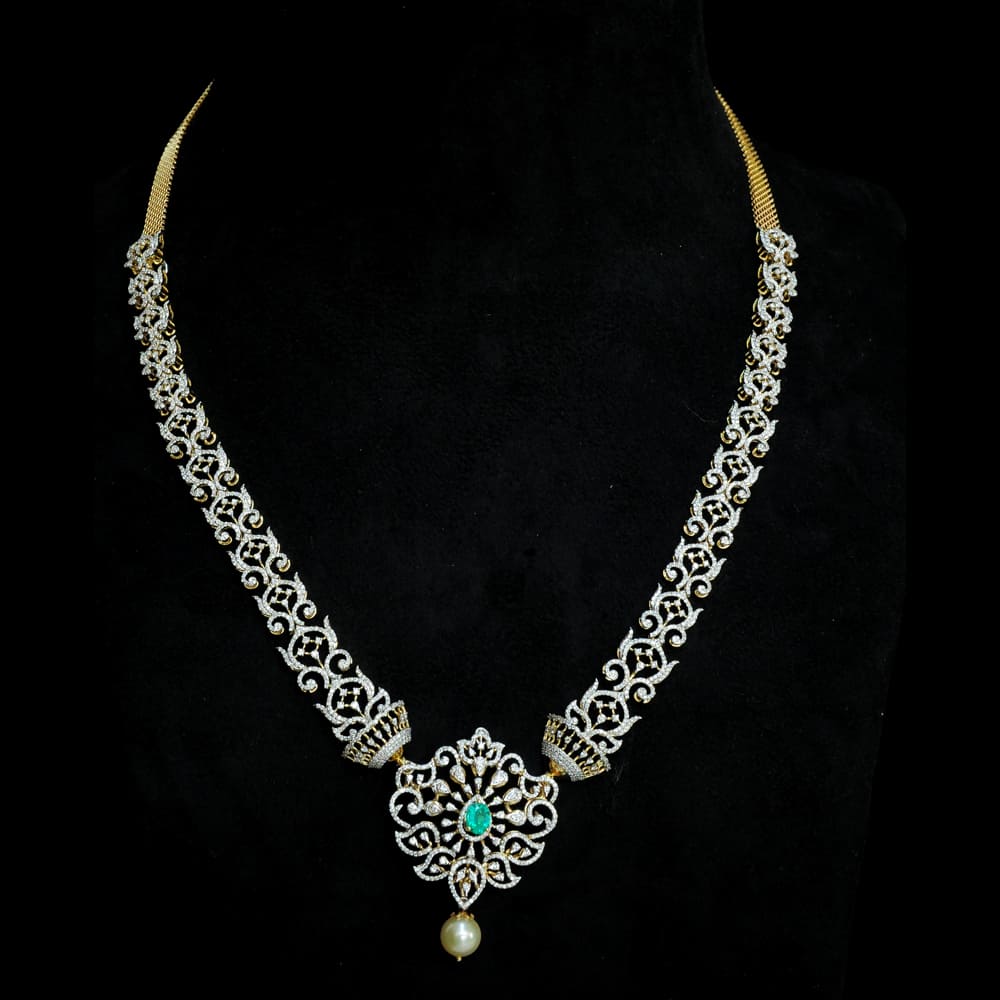4 In 1 Diamond Necklace with changeable Natural Emeralds/Rubies and Pearl Drops.