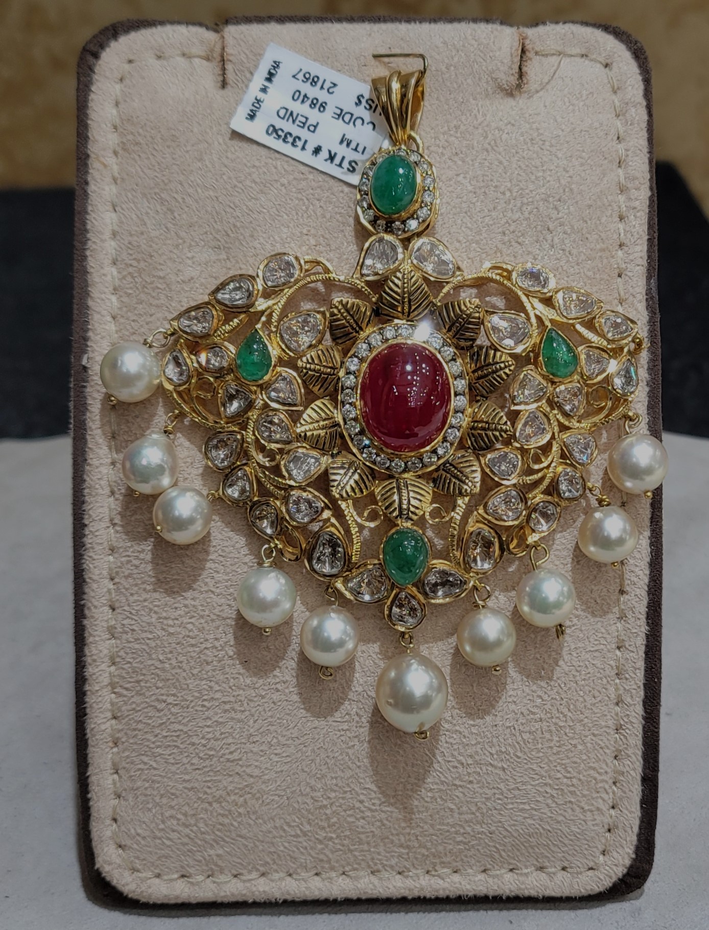 Temple Gold Pendant with changeable Natural Emeralds/Rubies and South Sea Pearls.
