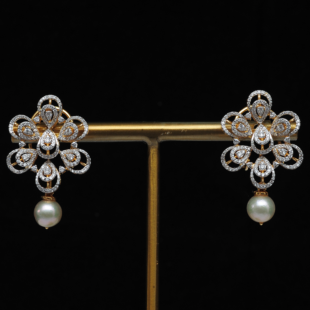 Floral Design Diamond Earrings with Pearl Drops