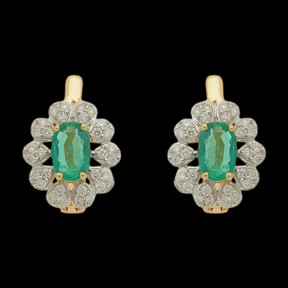 Natural carved Emerald and Diamond Earrings