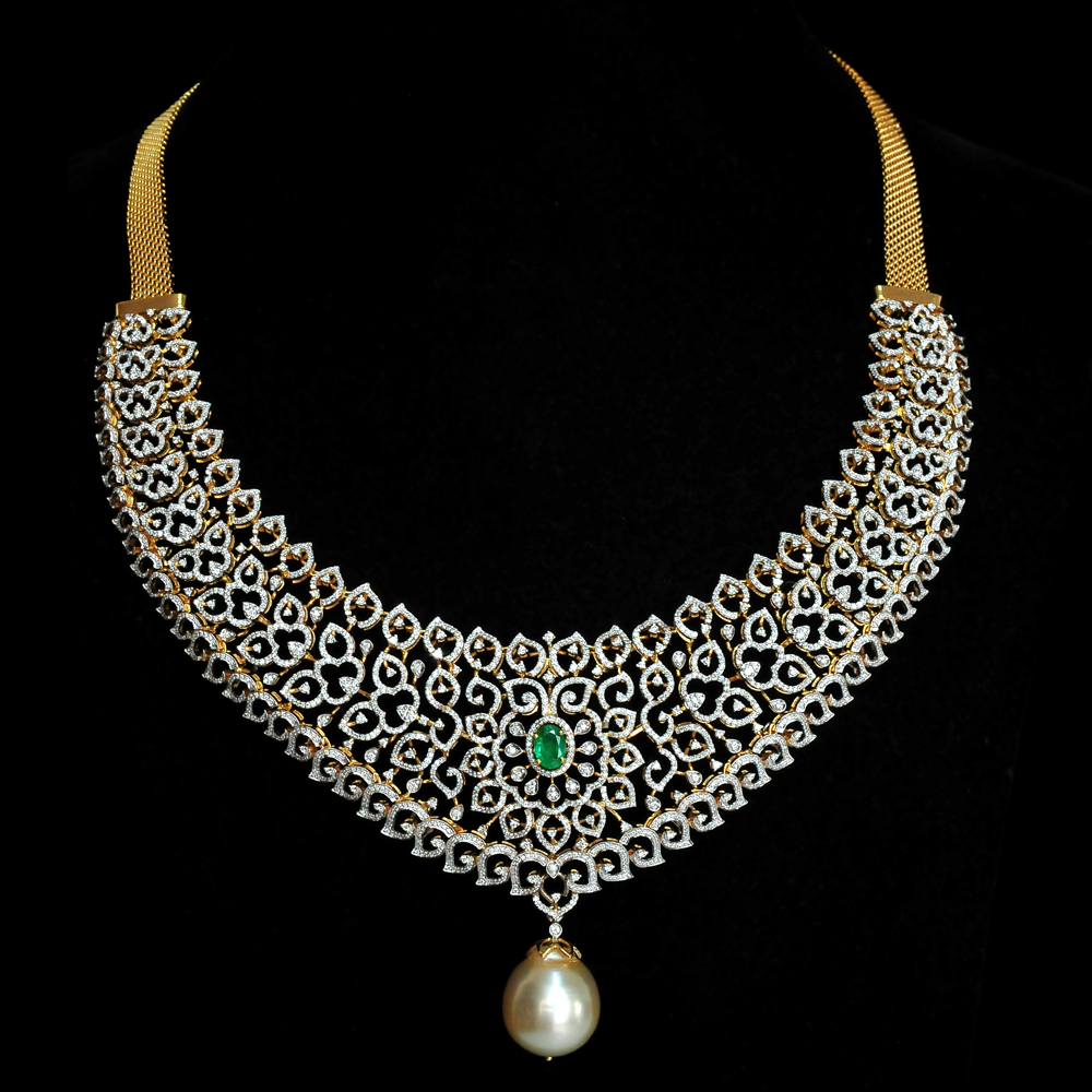 Diamond Necklace with changeable Natural Emeralds/Rubies and Pearl Drops.
