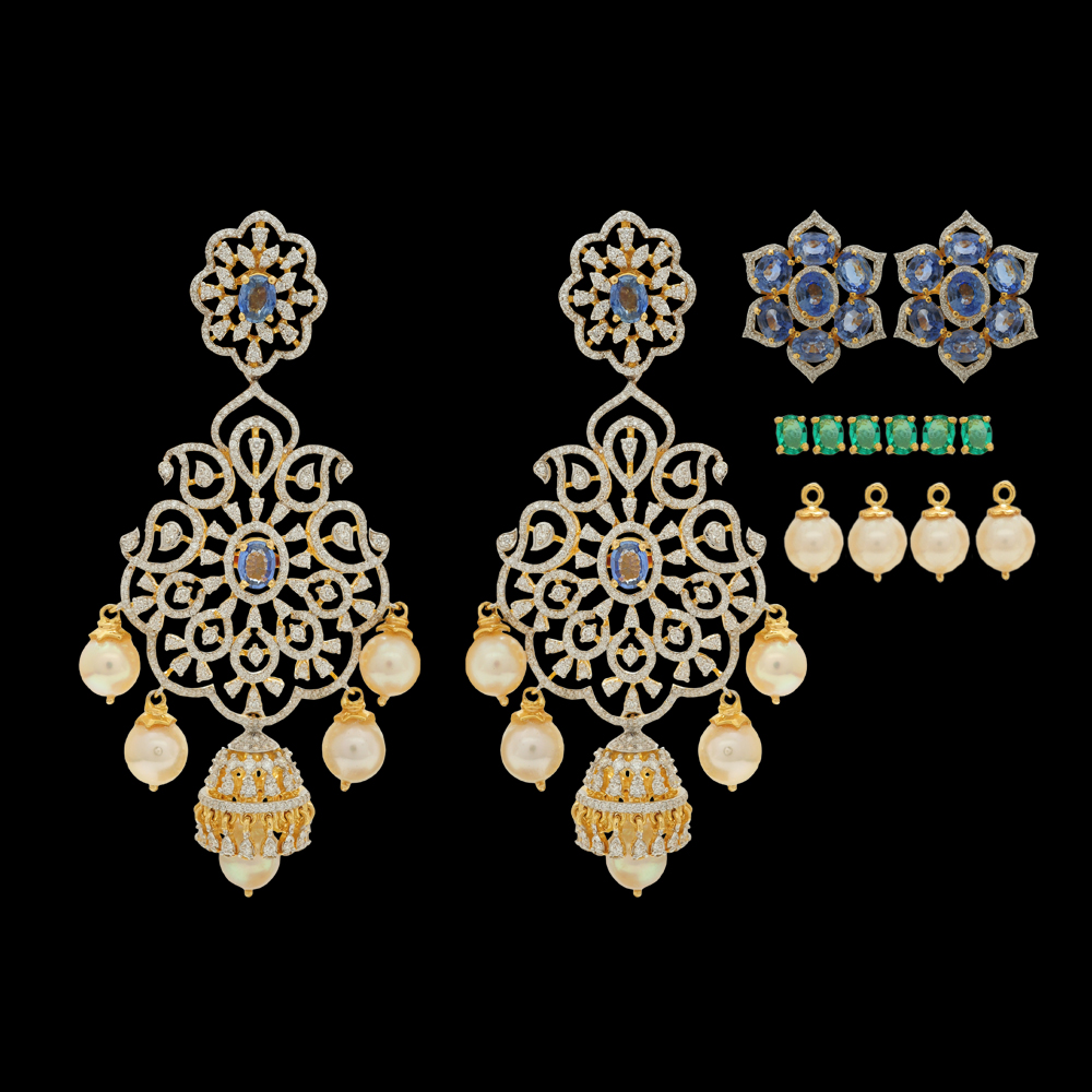 Emerald/Blue Sapphire and Diamond Earrings