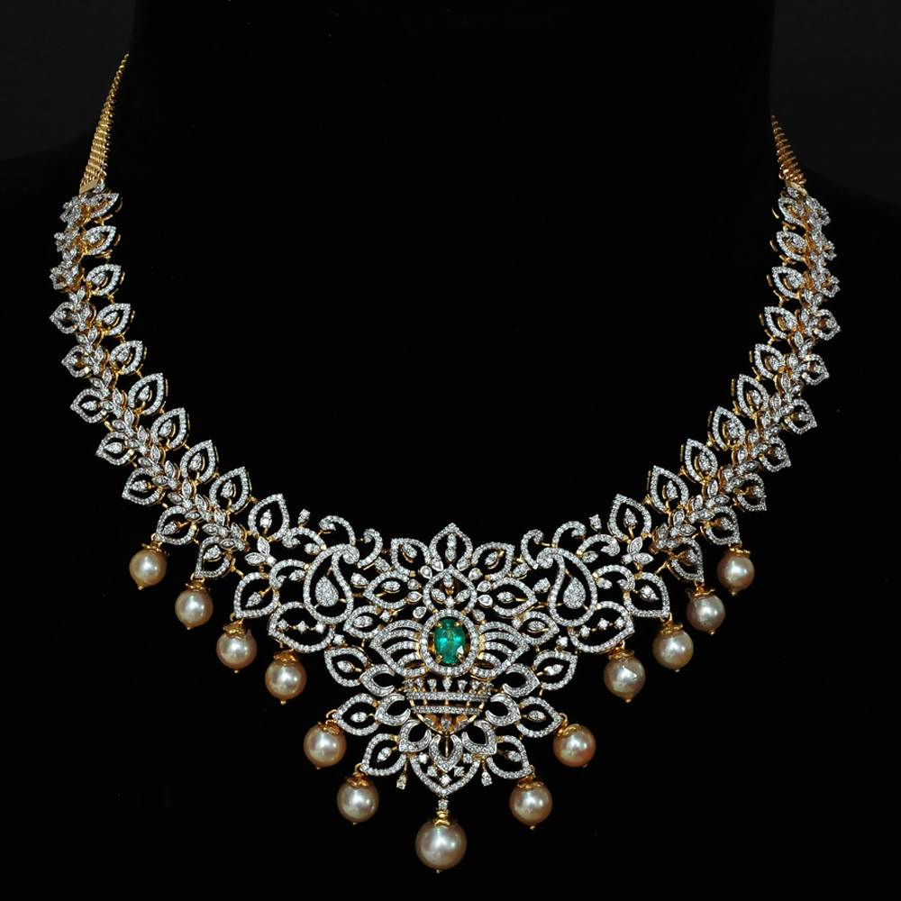 3-in-1 Diamond Necklace with changeable Natural  Emeralds/Rubies and Pearl Drops