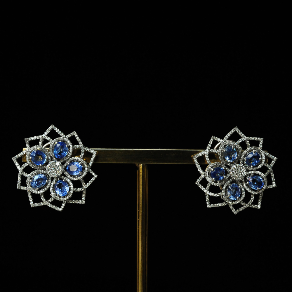Floral Diamond Earrings with Natural Blue Sapphires.