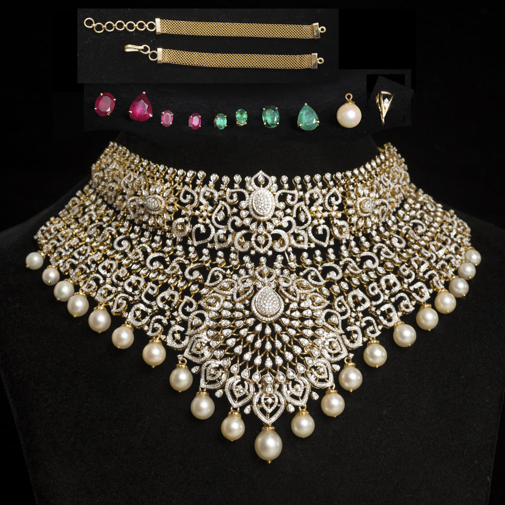 3-in-1 Diamond Choker Necklace, and Pendant with changeable Natural Emeralds/Rubles and Pearl Drops.