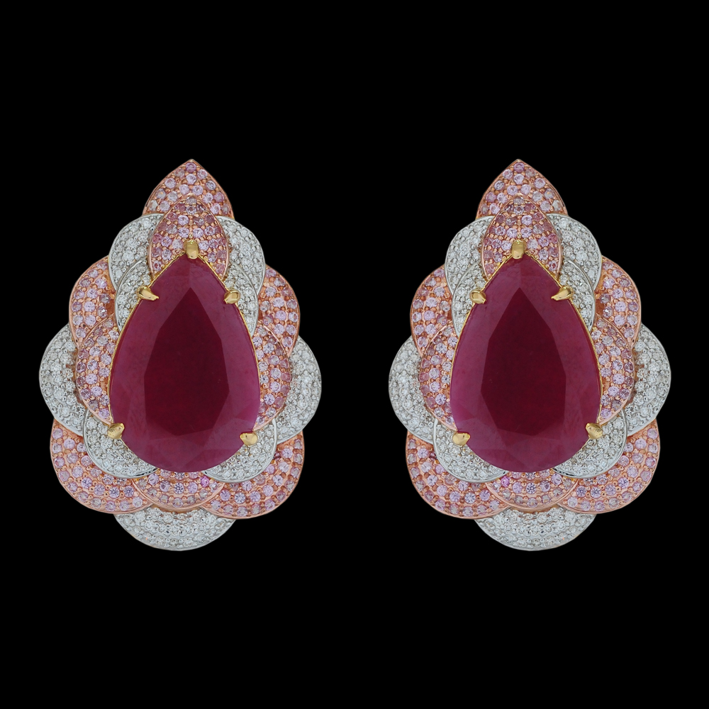 Pearl shaped Diamond Studs with Natural Rubies and Sapphires