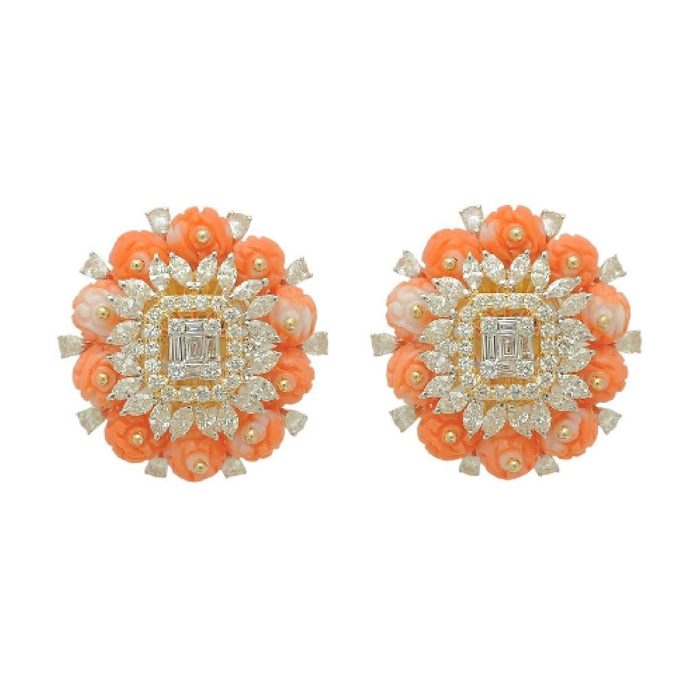 Carved Coral Flower Diamond Earrings
