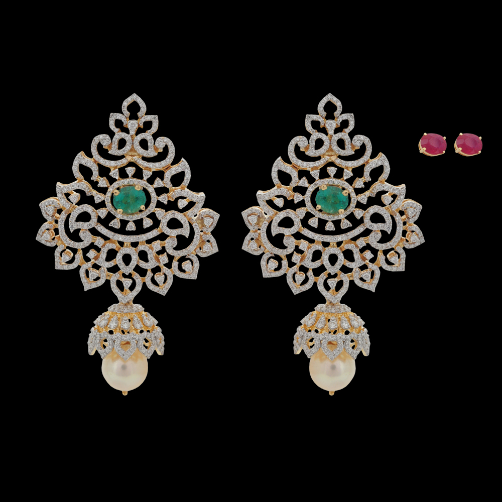 Diamond Chandbali Earrings with Natural Emerald/Ruby and Pearl Drops