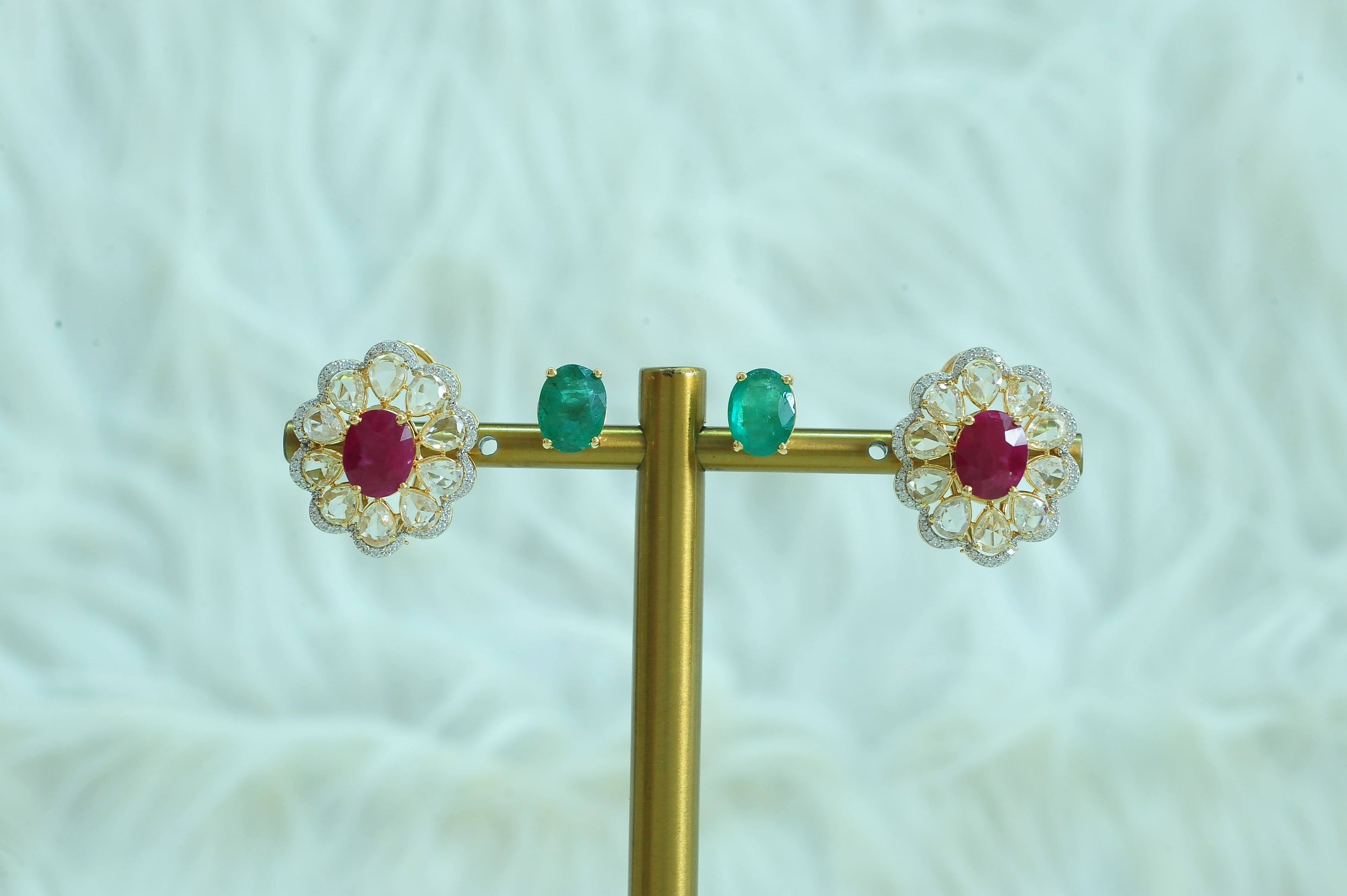 Diamond Studs with Changeble Natural Emeralds/Rubies
