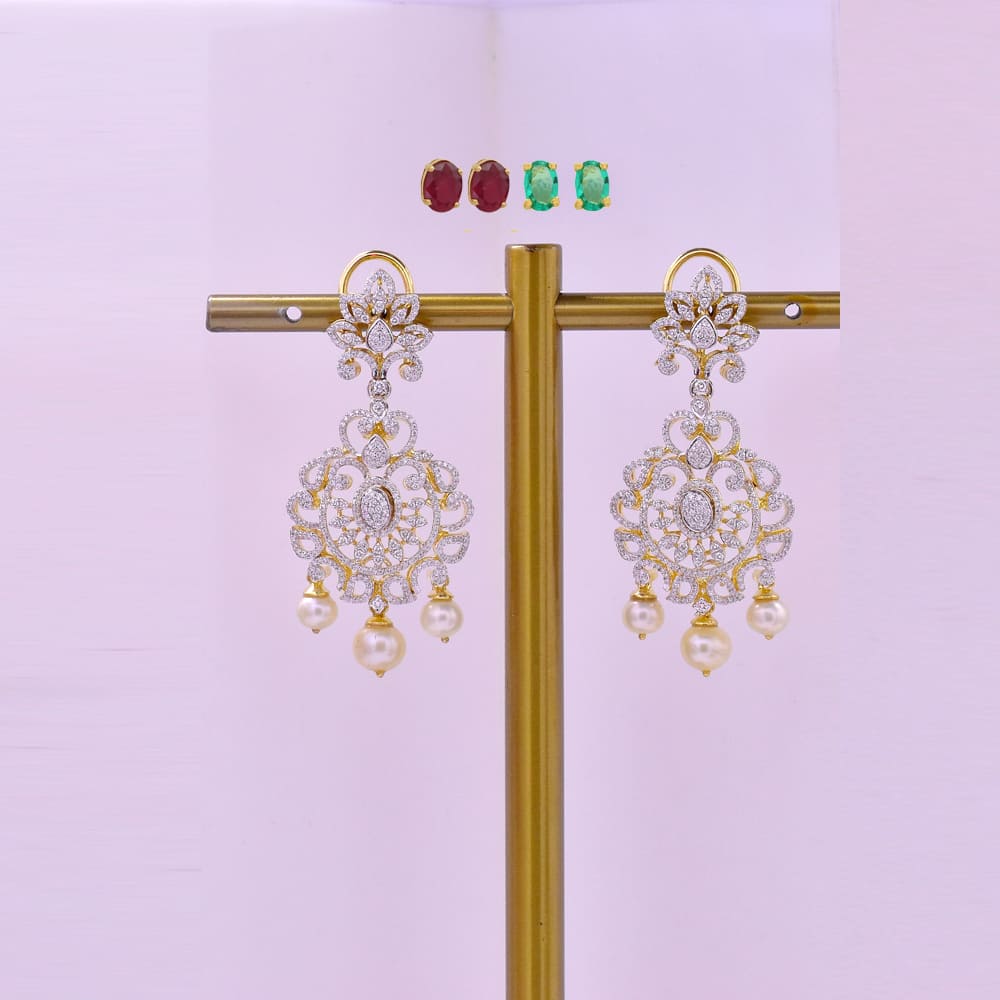 Diamond Earrings  with Natural Emeralds/Rubies and Pearl Drops.