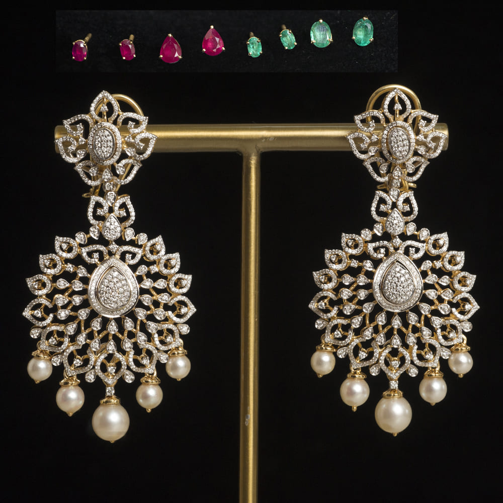 2-in-1 Diamond Earrings with changeable Natural Emeralds/Rubles and Pearl Drops.