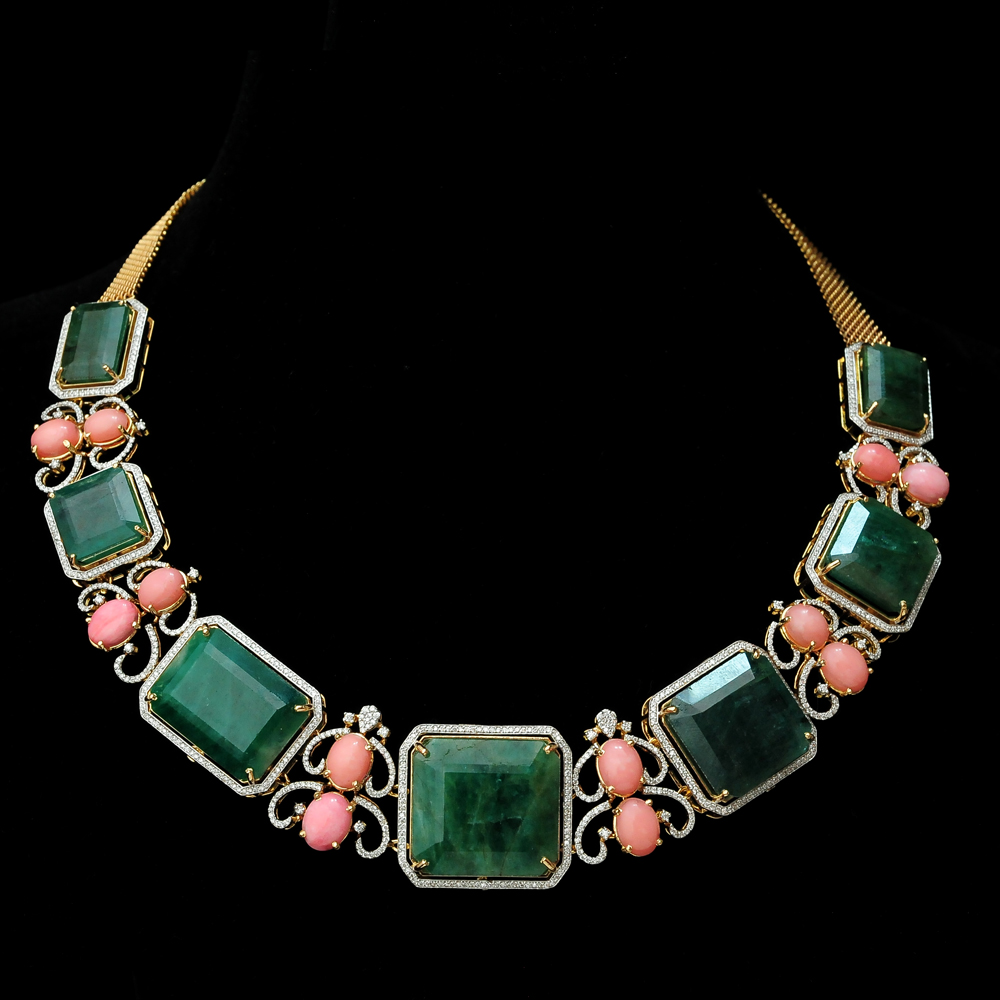3 In 1 Diamond Necklace with Natural Emeralds and Corals