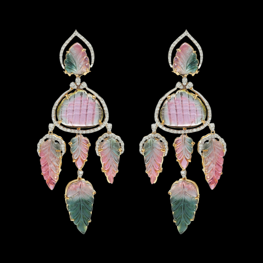 Exotic Natural Carved Tourmaline and Diamond Earrings