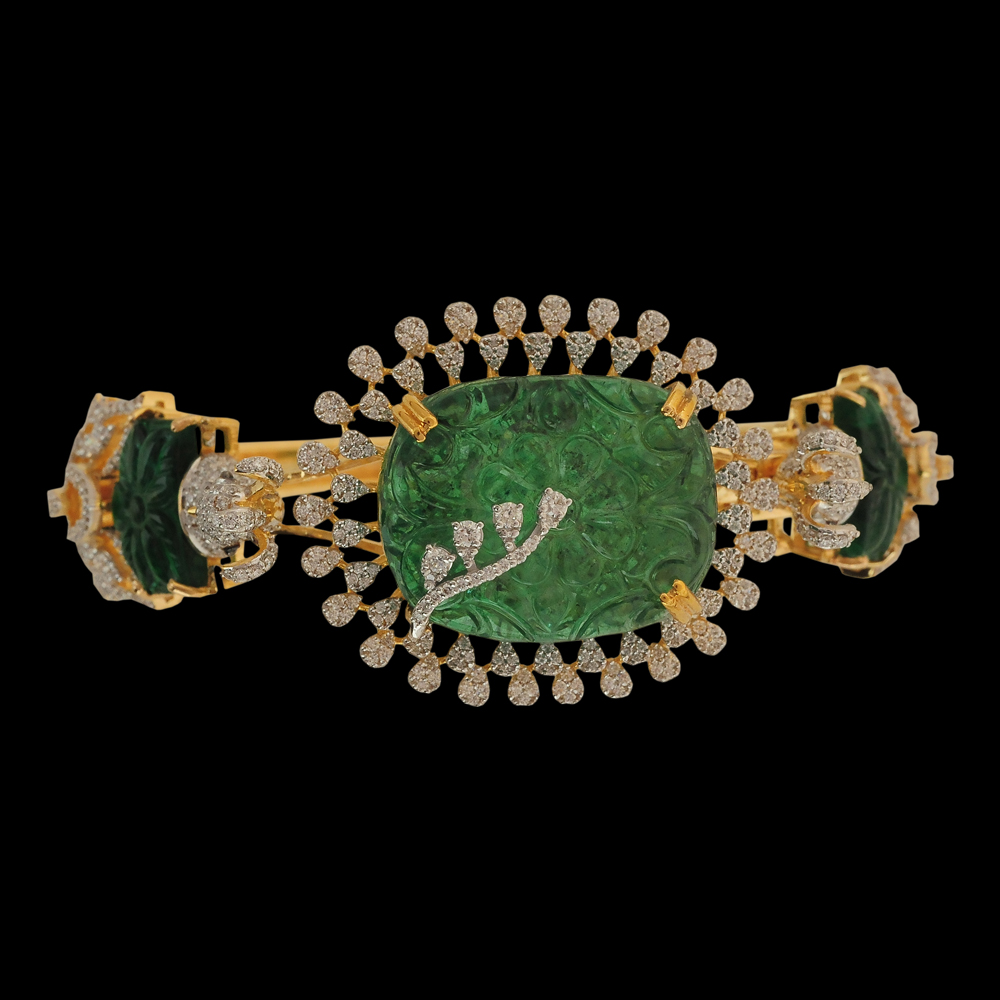 Natural Carved Emerald and Diamond Bracelet
