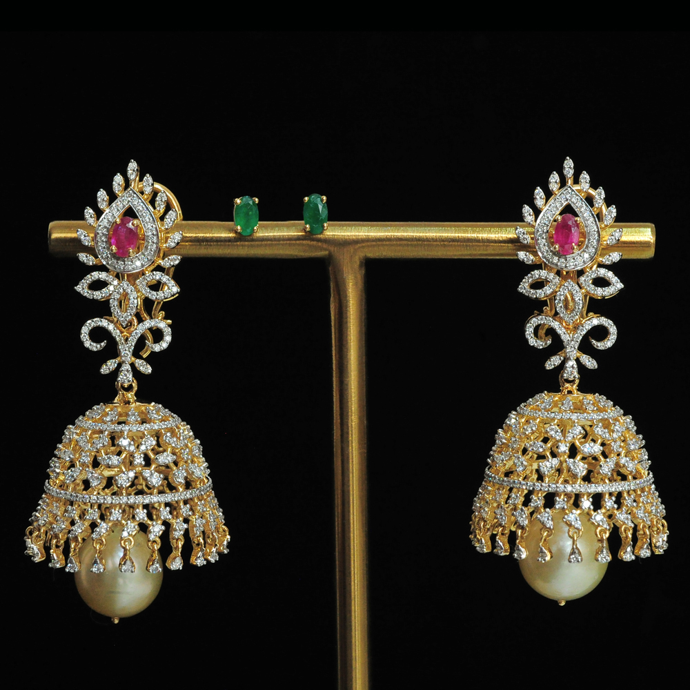 Diamond Jhumkas with changeable Natural Emeralds/Rubies and Pearl Drops