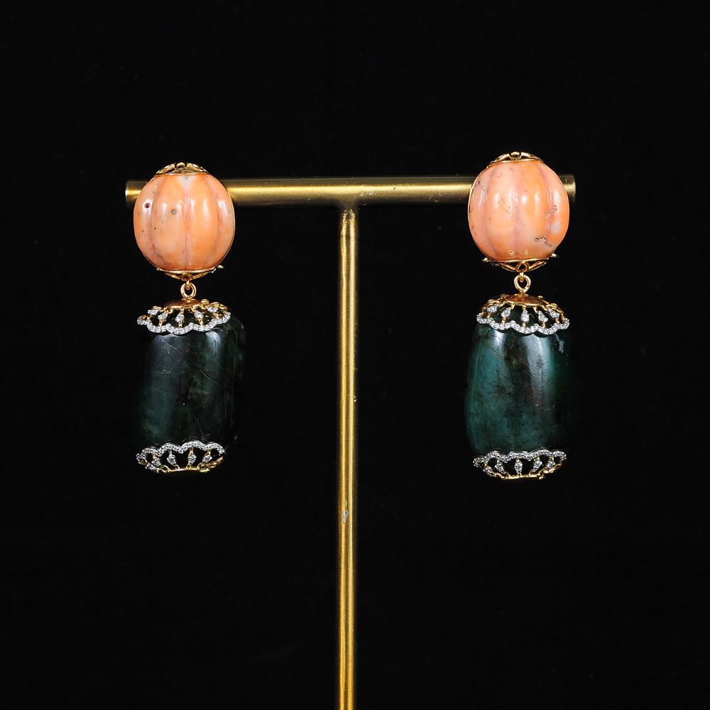 Diamond Earrings with Natural Emeralds and Corals.