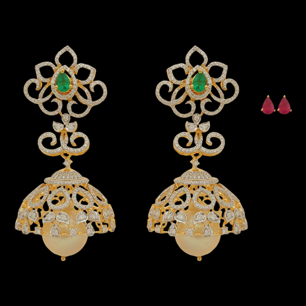 Diamond Jhumka Earrings with Changeble Emerald/Ruby Gemstones and Pearl Drops