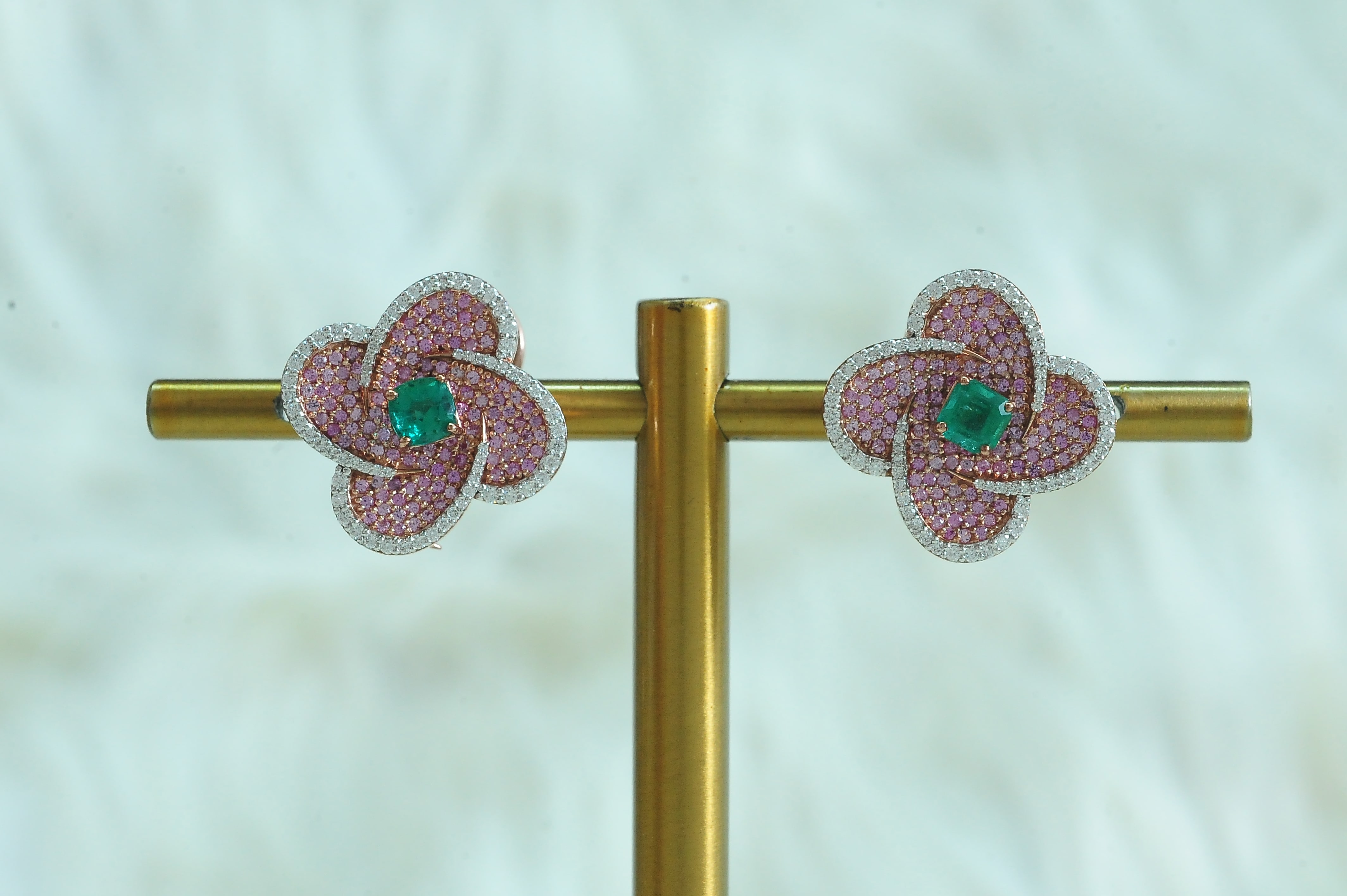 Floral Design Diamond Studs with Natural Pink Sapphires & Emeralds