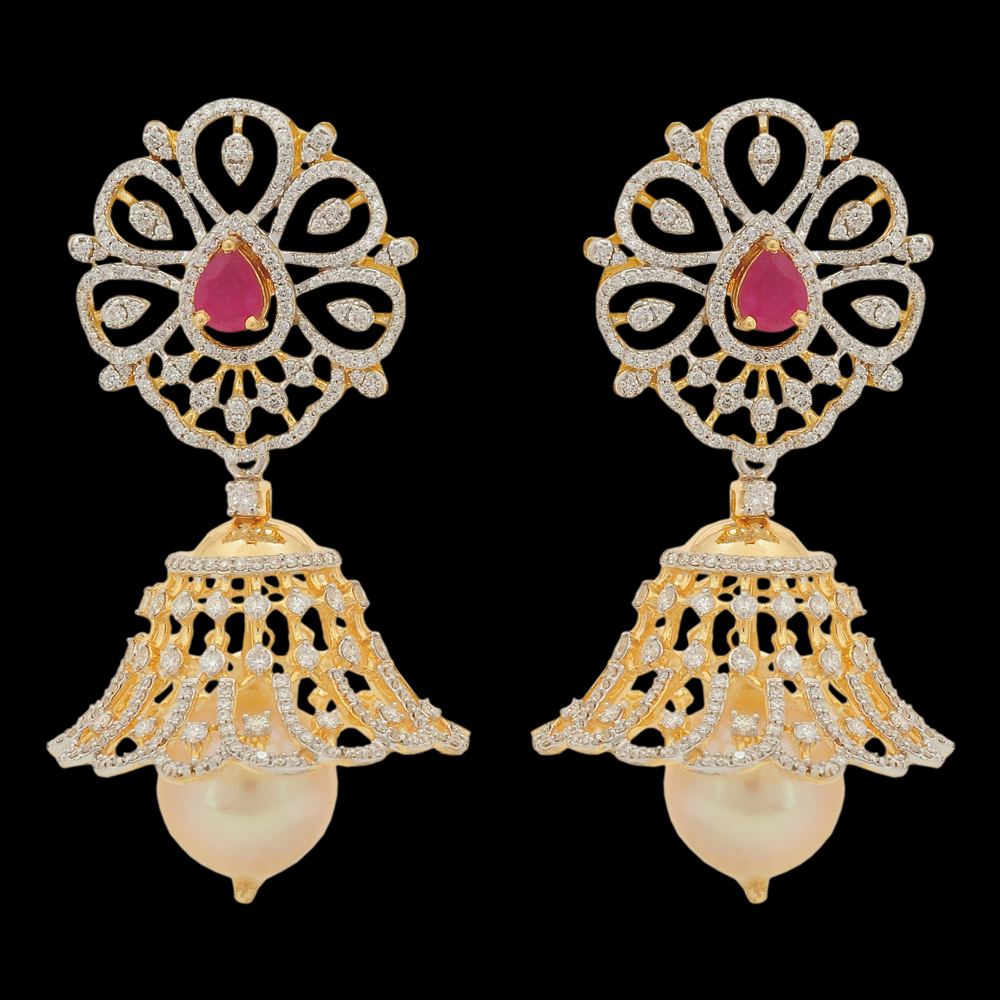 Natural Ruby/Emerald and Diamond Earrings with Pearl Drops