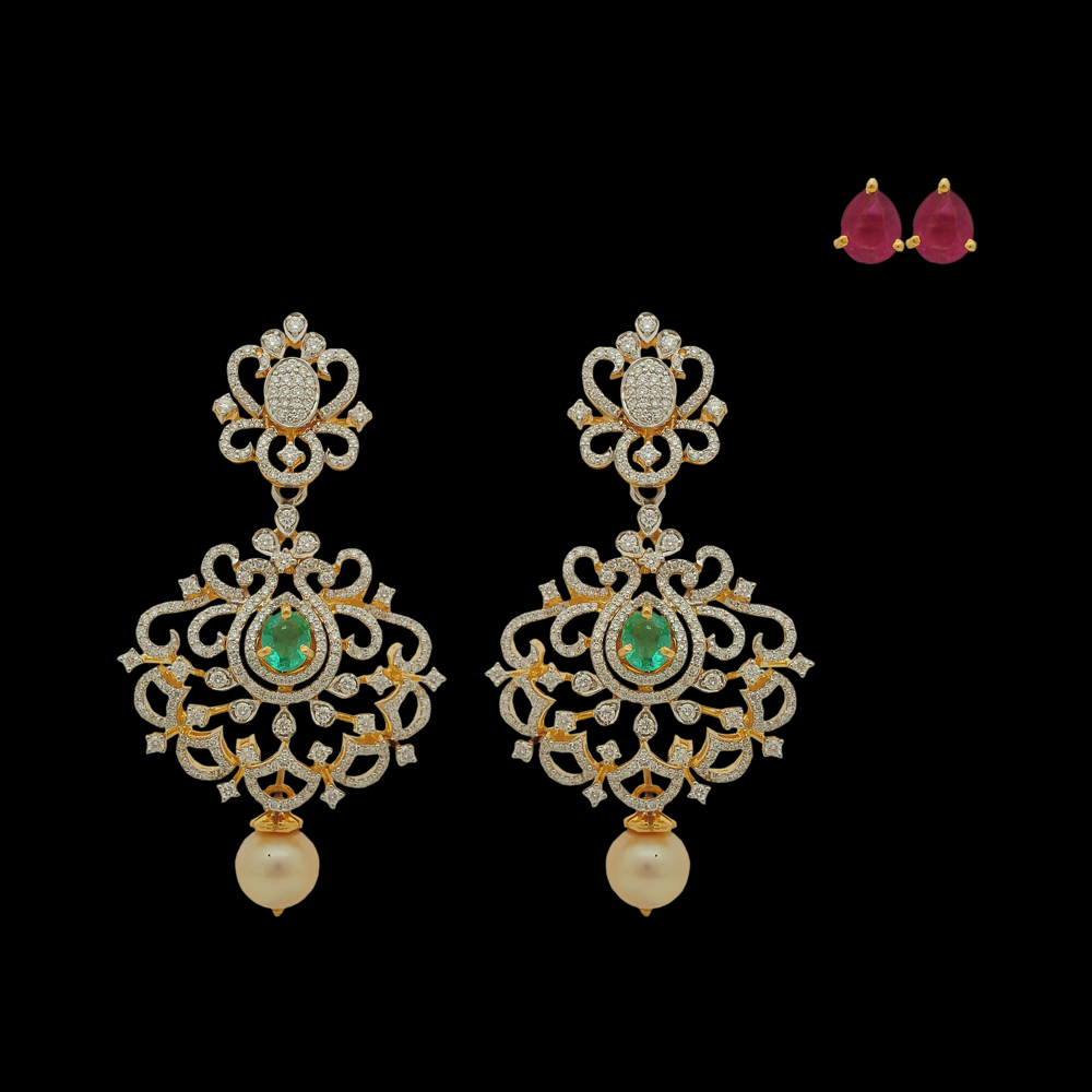 Diamond Earrings with Natural Emerald/Rubies and Pearl Drops
