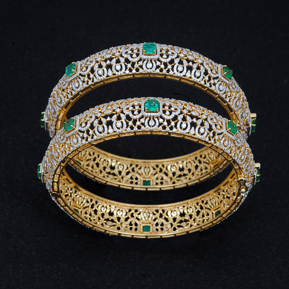 Bridal Diamond Kadha Bangles with Natural Emeralds