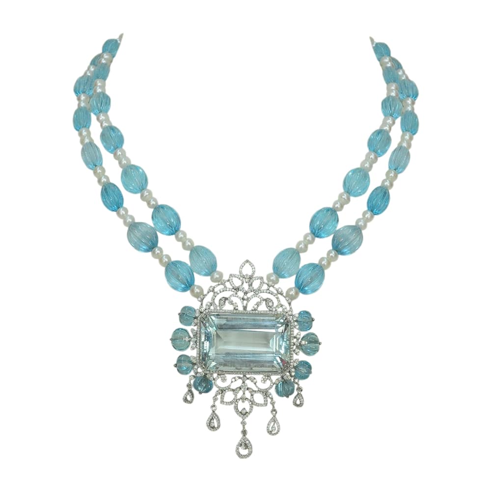 Diamond Necklace with Natural Aquamarine Beads, Blue Topaz Beads and Pearl Drops