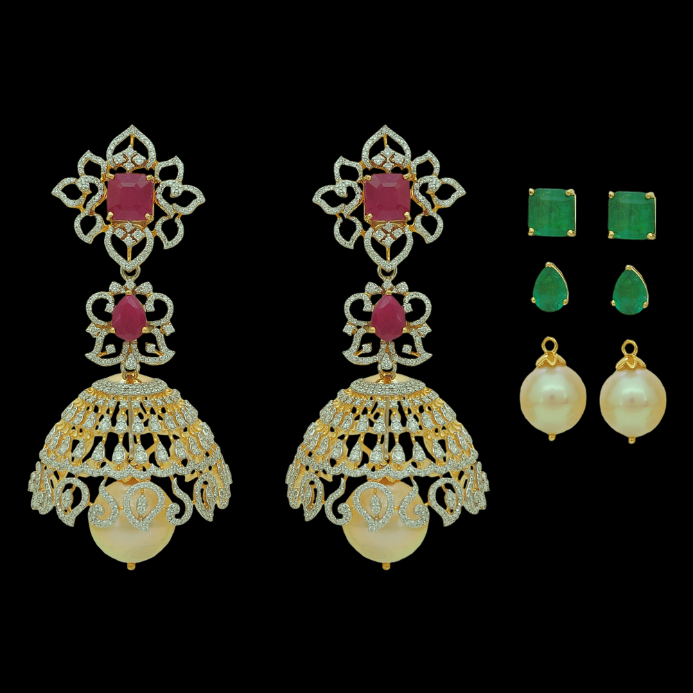 Diamond Earrings with Changeble Natural Emerald/Ruby and Pearl Drops