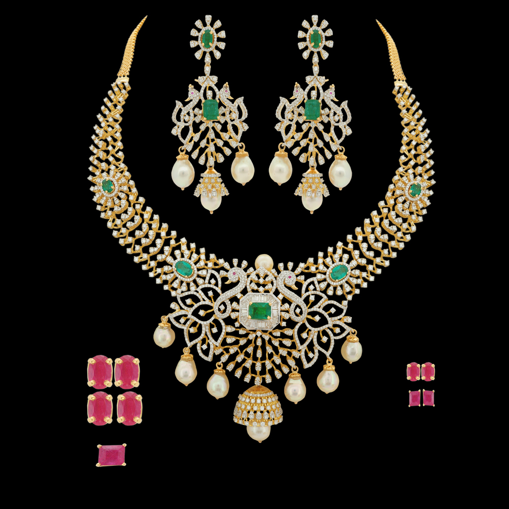 Elegant Emerald, Ruby and FVVS Diamond Necklace and Earrings Set
