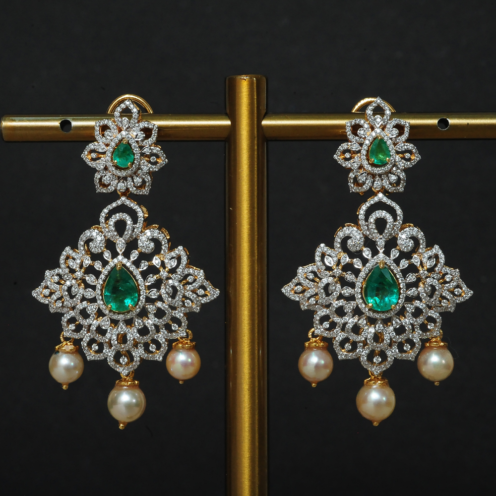 2-in-1 Diamond Earrings with changebale Natural Emeralds/Rubies and Pearl Drops